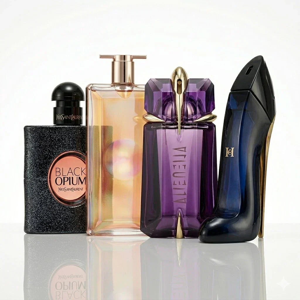 Set mit 4 Parfums | YSL Black Opium, Lancôme Idôle, Mugler Alien, Carolina Herrera Good Girl.