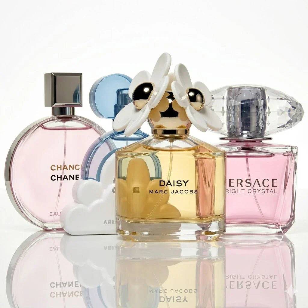 Set mit 4 Parfums | Chanel Chance Eau Tendre, Ariana Grande Cloud, Marc Jacobs Daisy, Versace Bright Crystal.